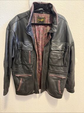 Vintage European Black Leather Field Jacket with Paisley Lining
